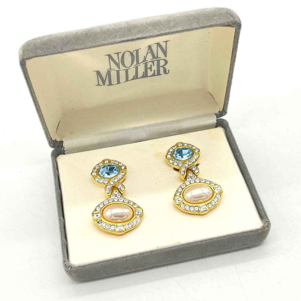 Nolan Miller Vintage Gold Tone Blue Stone Faux Pearl Crystal Clip On Earrings